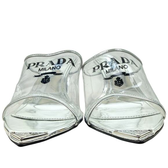 Prada Plex Transparent Pvc Triangle Logo Mule Sandals Silver Size 38.5 - Picture 4 of 10
